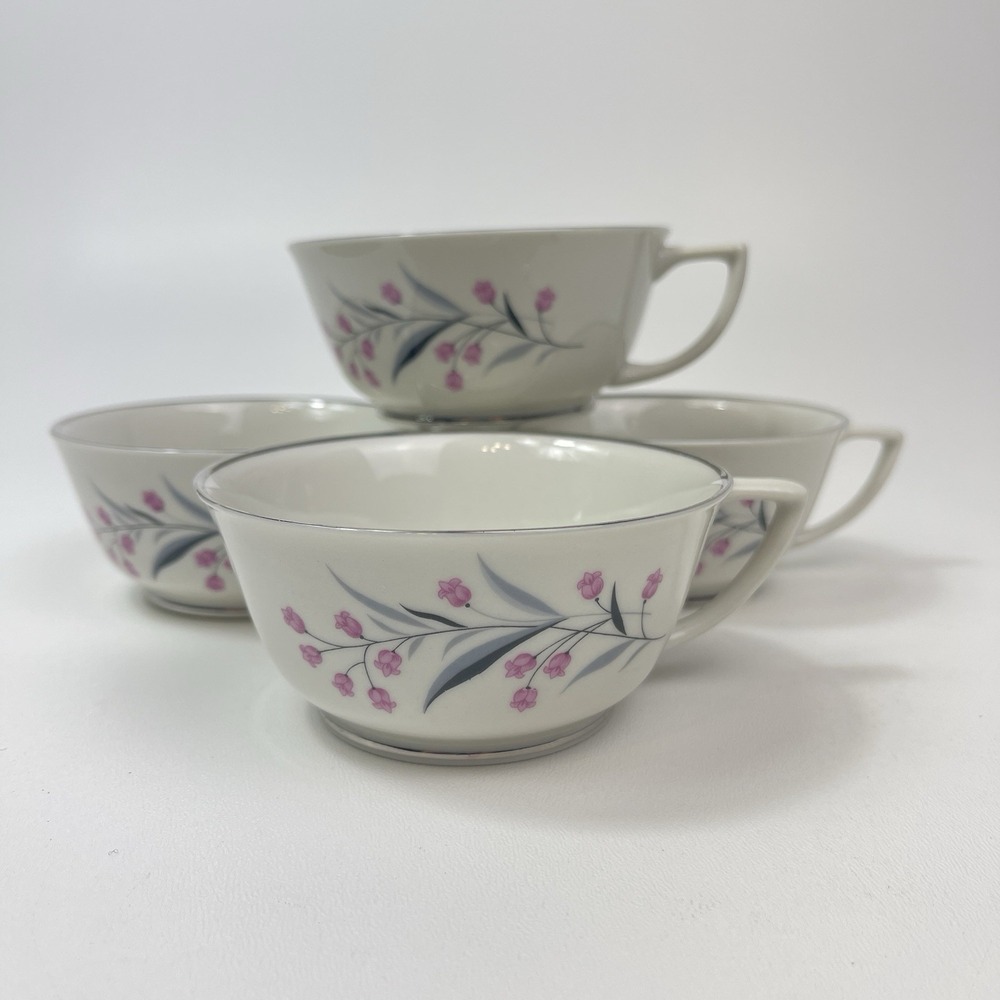 Embassy USA China Tru Tone Footed Tea Cups Pink‎ Flowers Gray Platinum Rim - Picture 7 of 12